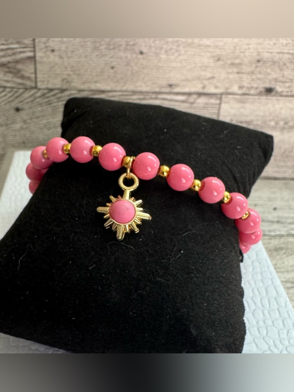 Beaded Bracelet with Gold Sun Charm - Pink